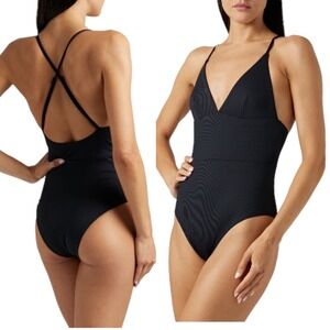 ONIA VALENTINA Black Solid Rib Swimsuit One Piece V-Neck Strappy Large NWT